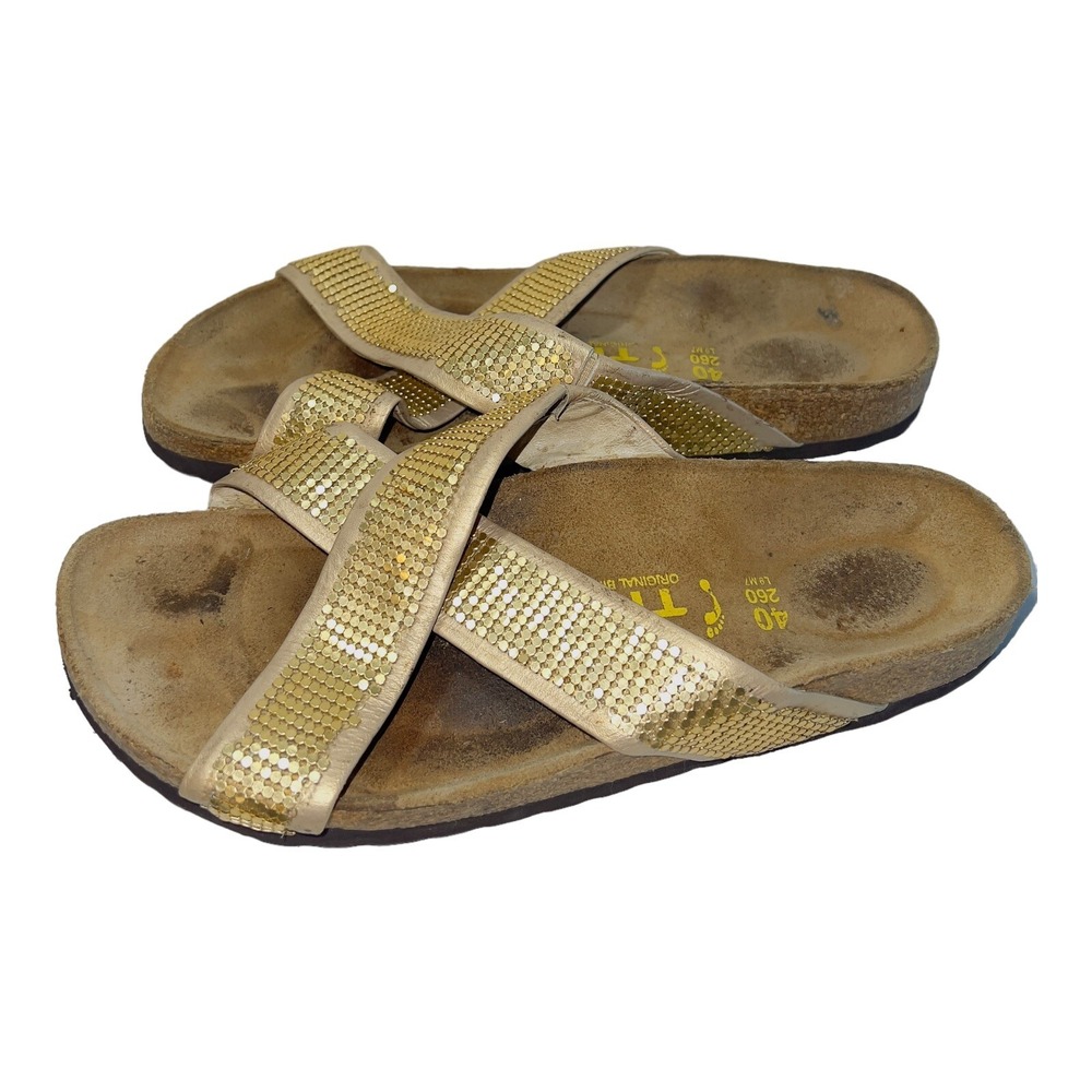 TATAMI Birkenstock Women's Gold Beaded Criss-Cross Strap Sandals Size 9 EU 40